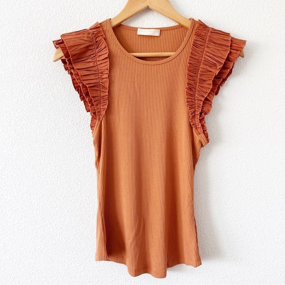 Ulla Johnson Lilo Ruffle Shoulder Chestnut Brown Ribbed Knit Top - Picture 3 of 10